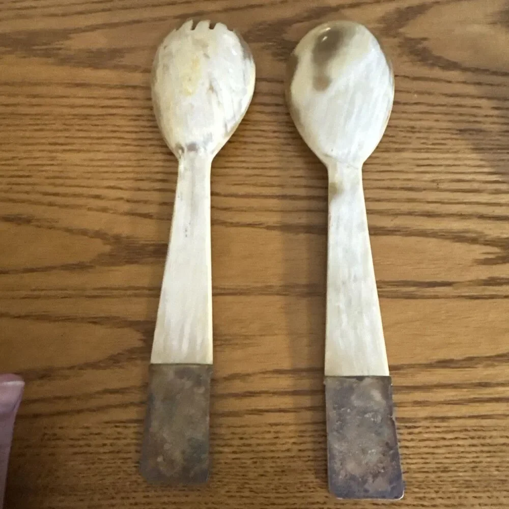 Vintage Art Deco 835 Solid Silver & Natural Horn Salad Serving Set Spoon Fork